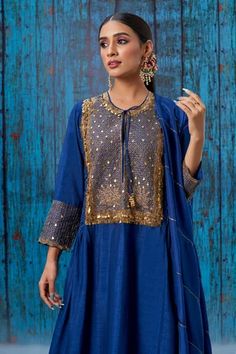 Shop for Niti Bothra Blue Silk Embroidered Yoke Kurta And Palazzo Set for Women Online at Aza Fashions Niti Bothra, Lotus Motifs, Kurta And Palazzo, Blue Kurta, Palazzo Set, Fabric Silk, Blue Silk, Embroidered Silk, Set For Women