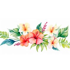 a painting of flowers and leaves on a white background