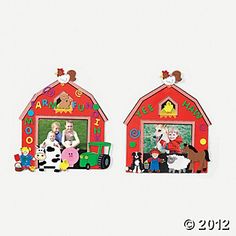 there are two red barns with farm animals on the front and one in the back