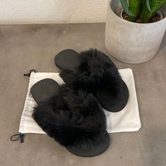 Alexis Brand New Faux Fur Slippers Flip Flops. Size 8.5 Color Black. Never Worn Dustbag Included. Black Faux Fur Slippers With Round Toe, Chic Black Slippers For Spring, Chic Black Spring Slippers, Black Synthetic Slippers With Faux Fur Lining, Black Slippers With Faux Fur Lining, Black Casual Slippers With Faux Fur Lining, Faux Fur Slippers, Fur Slippers, New Color