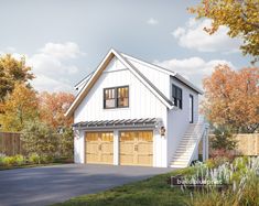 a two car garage with stairs leading up to it