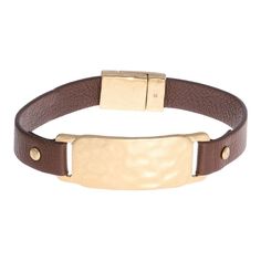 "You'll love having this Bella Uno leather and metallic ID boyfriend bracelet in your jewelry collection. You'll love having this Bella Uno leather and metallic ID boyfriend bracelet in your jewelry collection. Length: 8 in. Metal: zinc Finish: worn Packaging: decorative card Please note, due to the high value of this item, a signature may be required upon delivery. Size: 8"". Color: Gold. Gender: female. Age Group: adult." Adjustable Gold Leather Bracelet For Everyday, Everyday Gold Jewelry With Leather Strap, Adjustable Gold Leather Bracelet, Adjustable Leather Bracelet With Magnetic Closure, Adjustable Gold Leather Bracelets, Adjustable Gold Leather Jewelry, Everyday Nickel-free Leather Bracelets, Adjustable Gold Bracelets With Leather Strap, Gold Leather Bracelets For Everyday Use