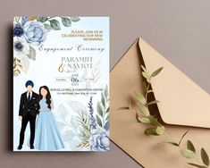 a wedding card with an image of a couple in formal attire and flowers on it