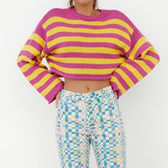 Women’s Zara Cropped Knit Pink & Yellow Striped Sweater Size Small Our Pre-Owned Items Are Cleaned And/Or Steamed. We Do Our Very Best To Disclose All Flaws. Please Review Our Unedited Photos To See The Condition Of This Item. Preowned Condition: Excellent Tags: Cropped, Vibrant, Knit Unedited Photos, Dream Style, Zara Sweater, Yellow Stripes, Striped Sweater, Pink Sweater, Zara Tops, Colorful Fashion, Stripe Sweater