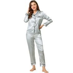 This style of sleeping shirt it's easy to put on or take off, which can give you a light and simple dressing experience, and keep you nice and comfortable all day. Top: long sleeve sleepwear features contrast stitching on loungewear tops, button-downs with classic notch collar, chest single pocket. Bottom: pants featured elastic waist. The super-soft pajama set for women is classy, comfortable, and durable. Women's pajamas set is casual and classy, even if guest visits suddenly, you won't feel e Solid Satin Finish Sleepwear For Loungewear, Solid Color Satin Sleepwear, Satin Finish V-neck Party Sleepwear, Modal Satin V-neck Sleepwear For Loungewear, Elegant Satin Finish V-neck Sleepwear, Silky Pajamas, Cute Sleepwear, Soft Pajamas, Sleepwear Sets