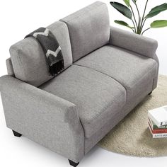 a gray couch sitting on top of a white rug next to a book and potted plant