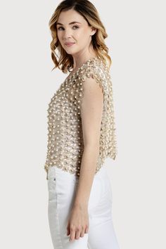 The perfect party piece! This unique piece has a hook and eye closure. This can be worn in the front and have a complete pearl shirt or wear it in the back to have an open front. It can also be worn without the hook to have an even more open front. Material: 50% Polyester, 50% ABS Shoulder Width: 21" Length From HPS: 21" Pearl Clothes, Pearl Shirt, Floral Lace Top, Cardigan Style, Floral Lace Tops, Lace Cardigan, Cardigan Fashion, Jewel Neck, Perfect Party