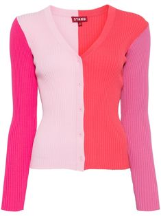 flamingo pink/rose pink ribbed knit colour-block design V-neck front button fastening long sleeves straight hem Pink Ribbed Casual Cardigan, Pink Ribbed Cardigan Casual Style, Pink Ribbed Winter Cardigan, Spring Pink Color Block Cardigan, Spring Color Block Pink Cardigan, Pink V-neck Color Block Top, Pink Ribbed Fitted Cardigan, Pink Ribbed Cardigan, Fitted Ribbed Pink Cardigan