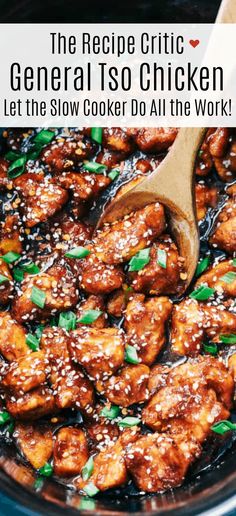 the recipe for general tso chicken is shown in a crock pot with a wooden spoon