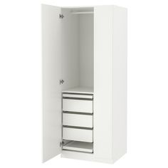 an open white closet with drawers and shelves