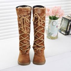 Lace Up Round Toe Flat Long Snow Boots on Luulla Lace Up Knee High Boots, Knee High Boots Winter, Popular Boots, Boots Tall, Warm Boots, Womens Mid Calf Boots, Suede Lace, Mid Calf Boots, Boots Shoes