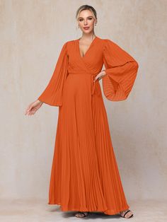 Burnt_Orange Elegant Long Sleeve Orange Maxi Dress, Elegant Orange Long Sleeve Maxi Dress, Orange Chiffon Long Sleeve Dress, Orange Chiffon V-neck Dress, Elegant Orange Chiffon Maxi Dress, Orange Maxi Length Wedding Dress, Formal Long Sleeve Orange Maxi Dress, Orange Chiffon Maxi Dress For Party, Orange Maxi Length Dress For Wedding