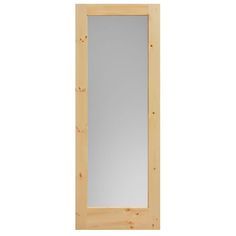 a wooden door with a mirror on the top and bottom paneled in pine wood