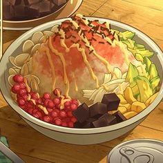 a bowl filled with lots of food on top of a wooden table next to other bowls