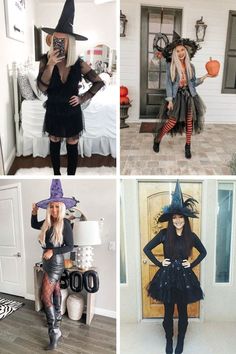 four pictures of women dressed up in halloween costumes, one is wearing a witch costume and the other has a pumpkin