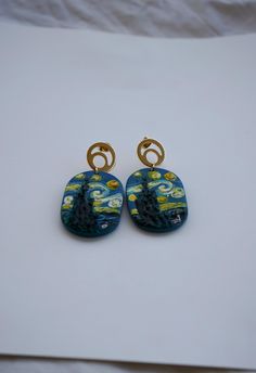 The Starry Night earrings ✨ The famous painting of Van Gogh, made carefully with pieces of polymer clay, in this pair of earrings. The earrings will be shipped within 1-5 days. They will arrive to you carefully packed. The studs are stainless steel in the colour of gold. ✨ Surprise yourself or a Van Gogh lover with this Starry Night earrings!✨ Thank you for looking! The Starry Night, Starry Night Van Gogh, Jewelry Earrings Studs, Van Gogh, Starry Night, Wedding Gifts, Greece, Polymer Clay, Jewelry Earrings