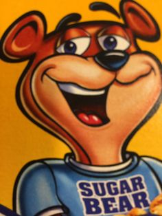 a close up of a sign with a bear on it's face and the words sugar bear