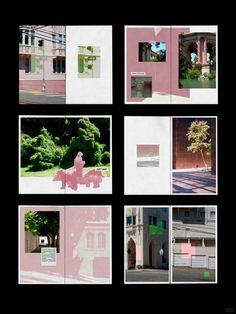 several photographs of pink buildings and trees