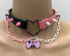 Mikan Inspired Choker 2 Color Variations - Etsy Pink Chains, White Spikes, Cute Choker Necklaces, Industrial Piercing Jewelry, Alt Clothes, Goth Decor, Heart Choker, Happy Pills, Leather Chokers