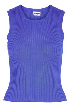 Build chic outfits for work or the weekend in this wide-ribbed sleeveless top knit with sustainably sourced fibers. 19" length (size medium) Crewneck Sleeveless 70% Lenzing™ EcoVero™ viscose, 30% nylon Lenzing EcoVero viscose is a sustainably produced fiber using pulp made from renewable wood sources and certified with the EU Ecolabel for high environmental standards, including lower emissions and water usage than generic viscose Machine wash, dry flat Imported Stretch Ribbed Sleeveless Vest, Blue Knit Sleeveless Vest, Solid Ribbed Sleeveless Sweater Vest, Ribbed Sleeveless Sweater Vest, Fitted Sleeveless Top With Ribbing, Fitted Ribbed Sleeveless Vest, Ribbed Sleeveless Sweater Vest For Summer, Trendy Sleeveless Ribbed Knit Top, Sleeveless Knit Top For Summer Workwear