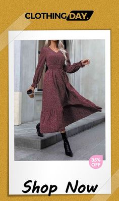 V-neck Flounce Sleeve Dress Flowy V-neck Dress For Fall, Casual V-neck Maxi Dress For Winter, Fitted V-neck Maxi Dress For Fall, Casual V-neck Winter Maxi Dress, Casual Winter Maxi Dress V-neck, Fall Fitted V-neck Maxi Dress, Floral Print V-neck Dress For Fall, Casual V-neck Dress For Fall, Chic Fall V-neck Dress With Surplice Neckline