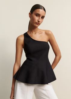 Structured One Shoulder Peplum Knit Top | ME+EM One Shoulder Peplum Top, Peplum Top Outfits, Ankle Sleeve, Peplum Styles, Bodycon Fashion, Peplum Hem, One Shoulder Tops, Wide Pants, Peplum Top