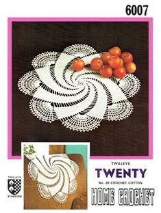 an advertisement for two twenty crochet doily with oranges on the table