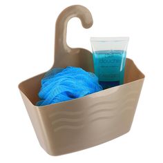 a bath caddy filled with blue items