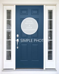 a blue front door with the words simple photo overlayed on it and an oval sticker that says digital mocks stock photography