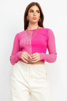 | Two Tone Rib Knit Long Sleeve Crop top  | 60% Viscose, 40% Nylon  * MODEL IS 5'7″ AND IS WEARING A SMALL. Beaded Mesh Dress, Long Sleeve Sequin, Cropped Tops, Knit Long Sleeve, Sequin Beading, Collar Top, Long Sleeve Crop, Mesh Dress, Long Sleeve Crop Top