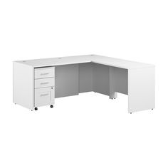 an office desk with three drawers on the left and one drawer on the right side