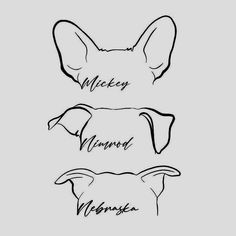 three dogs with names on their backs and the words mickey, mermaid, and weenie