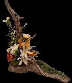 a piece of driftwood with flowers and moss on the top is shown in front of a black background