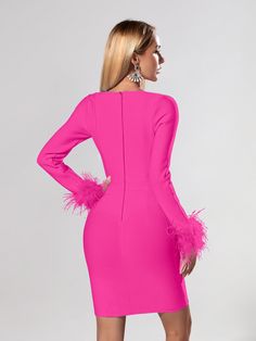 Vibrant and luxurious, the Candace Bandage Long Sleeve Feather Dress will turn heads. Crafted from a high-quality pink bandage fabric and featuring a sweetheart neckline, this mini dress will add a touch of class and glamour to any event. The added feather detailing on the sleeves adds a subtle, sophisticated flair making it perfect for evenings out or special occasions. Material: Nylon, Spandex Elasticity: High Stretch Closure Type: zipper Chic Pink Bandage Dress For Party, Pink Mini Length Bandage Dress For Evening, Pink Mini-length Bodycon Bandage Dress, Pink Mini Length Bodycon Bandage Dress, Pink Bodycon Bandage Dress For Party, Pink Mini Bandage Dress For Night Out, Pink Bodycon Mini Bandage Dress, Elegant Pink Bodycon Dress For Club, Pink Mini Bodycon Bandage Dress