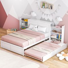 a child's bedroom with pink and white decor