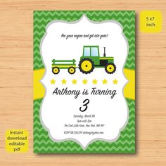 tractor birthday party card with green chevrons and yellow stars on the front,