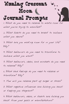 The Waning Crescent Moon isn’t as popular as the New Moon, or the Full Moon, but it’s still an important part of the moon cycle. Here’s a list of journal prompts for the Waning Crescent Moon. Enjoy! 🫶🏾 #moonphase #waningcrescentmoon #moonmagic #journalprompts #waningmoon #waningcrescentmoonjournalprompts #waningcrescentmoonjournalprompt #journaling #witchcraft #moon #mooncycle #moonphasespirituality #moonphasessymblism #newmoon #fullmoon #waxingmoon #fullmoonritual #moonritual #waningmoonritual Waning Crescent Journal Prompt, Waning Crescent Moon Journal Prompts, Waning Crescent Moon Ritual, Waxing Crescent Moon Ritual, Spiritual Prompts, Full Moon Witchcraft, New Moon Journal Prompts, Full Moon Journal Prompts, Therapeutic Journaling