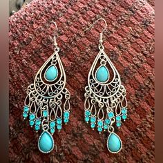 These Measure Approximately 4 Inches Long Blue Metal Earrings With Rhinestones, Elegant Turquoise Metal Chandelier Earrings, Blue Jeweled Metal Earrings, Blue Beaded Metal Chandelier Earrings, Blue Jeweled Dangle Jewelry, Bohemian Blue Jeweled Earrings, Jewlery Necklace, Long Tassel Necklace, Resin Bangles