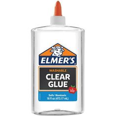 a close up of a bottle of clear glue on a white background with an orange tip