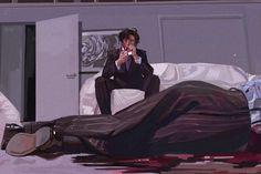 a painting of a man laying on the floor next to another man in a suit