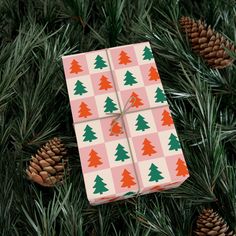 a christmas present wrapped in pink and green wrapping paper with pine cones on the side