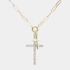 Cross Shaped Pendant Chain Necklace Metal Statement Jewelry Necklace Size : 18" + 2" L Pendant Size: 1.75" X 0.75" Theme: Cross G 6165 N Gold Necklace Crystal Cross Chain Jewelry, Crystal Cross Jewelry With Chain, Gold Crystal Rhinestone Cross Pendant Necklace, Rhinestone Cross Necklace With Adjustable Chain As Gift, Gold Cross Necklace For Party, Cross Shaped Rhinestone Necklace Gift, Crystal Cross Necklace With Adjustable Chain, Party Necklace With Adjustable Chain And Cross Pendant, Party Necklace With Adjustable Chain And Cross Shape