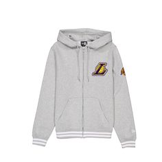 The Los Angeles Lakers Gray Logo Select Full-Zip Hoodie features a chenille applique Lakers logo at the left chest with an alternate team logo patch embroidered at the left arm.Fabric: 80% Cotton, 20% Polyester Hooded Team Logo Top For Streetwear, Hooded Team Logo Streetwear Top, Sporty Fleece Hoodie With Team Logo, Hooded Tops With Team Logo For Streetwear, Hooded Streetwear Tops With Team Logo, Sporty Hooded Varsity Jacket For Sports Events, Hooded Sweatshirt With Team Logo For Sports Season, Throwback Team Logo Hooded Hoodie, Throwback Team Logo Hoodie