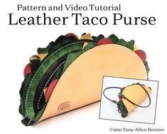 a leather taco purse is shown with an image of the bag and it's contents