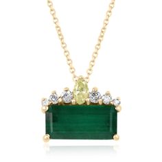 This is a beautiful tiara emerald & diamond necklace! This gorgeous piece is sure to get all the right attention! The 2.90ct emerald cut, dark rich green emerald is nestled in numerous golden prongs. Minor Jardins exist in the emerald as it is natural and earth mined. Five sparkling gorgeous diamonds crown the emerald as they are the ideal tiara. This ring design is custom handmade by us and is an original JR Colombian Emeralds setting. An exclusive masterpiece that is crafted to be easily adorned with any kind of attire or occasion!  Setting Style: Tiara Setting Material: 14K Yellow Gold 2.9 Grams Total Carat Weight: 3.45-carats 18 Inch 14K Yellow Gold Chain is included with the pendant  Main Stone: Emerald Shape: Emerald Cut Approx Weight: 2.90-carats Clarity: Very Good Color: Dark Green Fine Jewelry Green Diamond Gemstone Necklace, Green Emerald Necklace With Single Cut Diamonds, Green Gemstone Diamond Necklace In Fine Jewelry Style, Emerald Cut Green Diamond Gemstone Necklace, Green Necklace With Single Cut Diamonds For Anniversary, Anniversary Green Necklace With Single Cut Diamonds, Fine Jewelry Emerald Necklace With Diamond And Gemstone Accents, Yellow Gold Emerald Necklace With Gemstone Accents, Green Fine Jewelry Necklace With Prong Setting