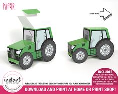 two green tractors are shown in the shape of paper