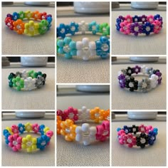 six different colored bracelets with beads on them