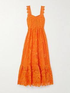 Designed with a pretty floral pattern and vibrant orange hue, Farm Rio's dress is "a tropical escape encased in fabric form". It's intricately made from guipure lace, fully lined for coverage and detailed with a scalloped hem and straps. Orange Lace Dress, Ladies Day Dresses, Tropical Escape, Guipure Lace, Green Midi Dress, Lace Maxi, Farm Rio, Red Mini Dress, Scalloped Hem