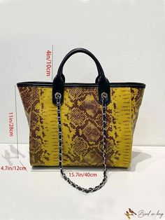 Bird in Bag - Genuine Leather Block Snake Print Tote Bag Yellow Shopping Bag With Detachable Handle, Large Capacity Yellow Satchel Bag, Yellow Large Capacity Satchel Bag, Yellow Leather Box Bag For Shopping, Chic Yellow Box Bag With Removable Pouch, Chic Large Capacity Yellow Bag, Chic Yellow Bags With Large Capacity, Chic Yellow Box Bag With Double Handle, Chic Yellow Box Bag For Shopping