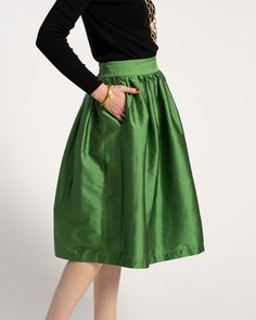 Barbara Gathered Midi Skirt Emerald – Frances Valentine Emerald Skirt, Wrap Dress Black, Frances Valentine, Caftan Dress, White Button Down, Versatile Dresses, Vintage Inspired Design, Black Wrap Dress, Green Skirt